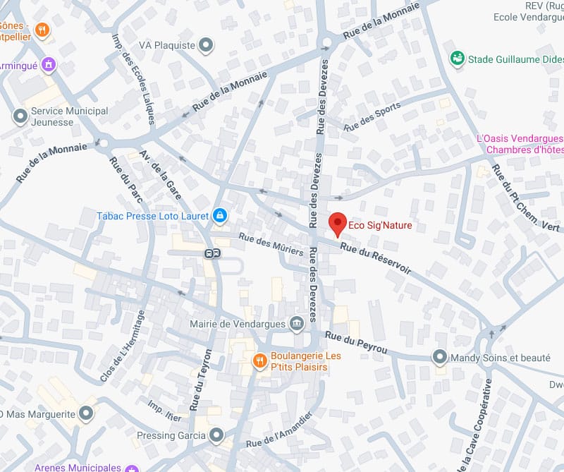 Localisation Eco Sig'Nature : Carte Vendargues Carte centrée sur Eco Sig'Nature, situé Rue du Réservoir, près de la Rue des Mûriers et de la Mairie de Vendargues.