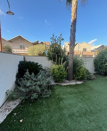 Petit jardin avec pelouse artificielle, palmier central, arbustes méditerranéens contre un mur blanc, avec toits d'entrepôts en arrière-plan sous un ciel bleu clair.