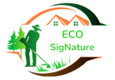 Logo Eco Signature : silhouette verte d'un jardinier avec coupe-bordure devant des arbres, encadré par des arches et des toits de maison, symbolisant l'entretien écologique.