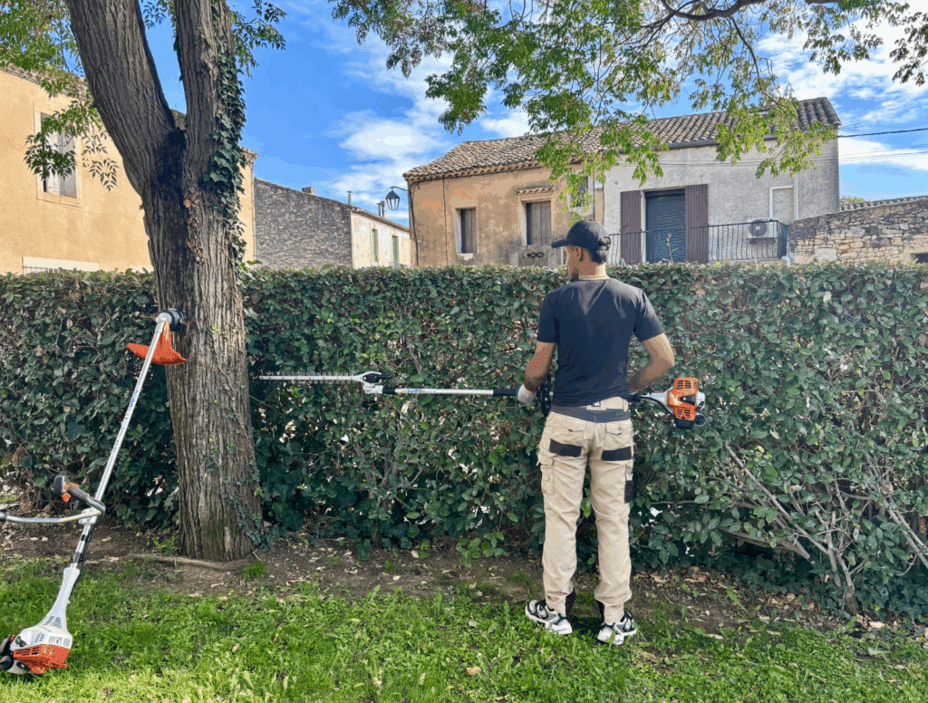 Taille de haie professionnelle : ouvrier avec outils STIHL Ouvrier avec casque, tenue de travail, taillant une haie avec un taille-haie long, un débroussailleuse STIHL au pied d'un arbre.