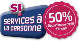 Services à la personne : 50% de réduction d’impôts Logo Services à la personne avec l'annonce 50% de réduction ou crédit d'impôts sur fond bleu et magenta.